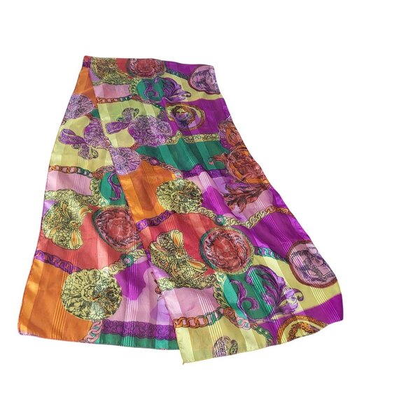 VTG Vibrant Colorful Mardi Gras Scarf Medallions Chains Scroll Purple Gold Green - Picture 3 of 3